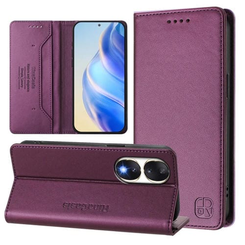 Funda de Cuero Rfid para Honor 90 Rc01 con Doble Pliegue y Succión Magnética (Violeta)
