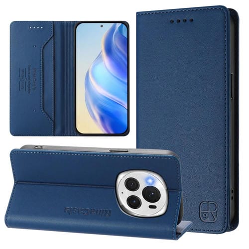Funda de Cuero Rfid con Doble Pliegue y Succión Magnética para Honor Magic6 Pro Global Rc01 (Azul Oscuro)
