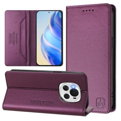 Funda de Cuero Rfid para Honor Magic6 Global Rc01 con Doble Pliegue y Succión Magnética (Violeta)