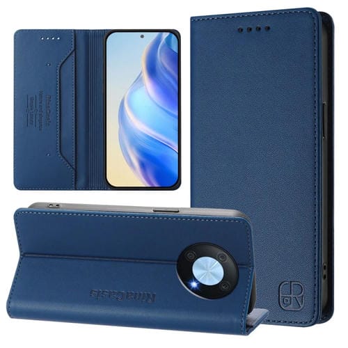 Funda de Cuero con Doble Pliegue y Succión Magnética RFID para Huawei Enjoy 50 Pro/Nova Y90 Rc01 (Azul Oscuro)