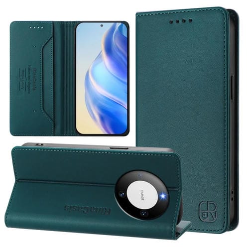 Funda de Cuero con Doble Pliegue y Succión Magnética RFID para Huawei Mate 60 Rc01 (Verde Oscuro)