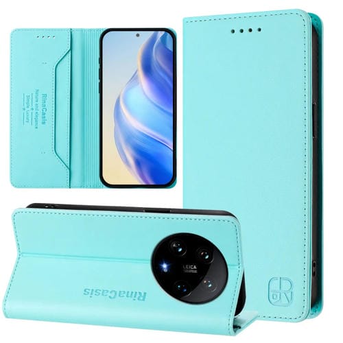 Funda De Cuero Con Doble Pliegue Y Succión Magnética Rfid Para Xiaomi 14 Ultra 5G Rc01 (Verde Menta)