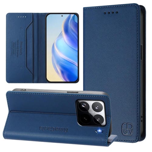 Funda De Cuero Con Doble Pliegue Y Succión Magnética Para Teléfono Xiaomi 15 Pro Rc01 (Azul Oscuro)