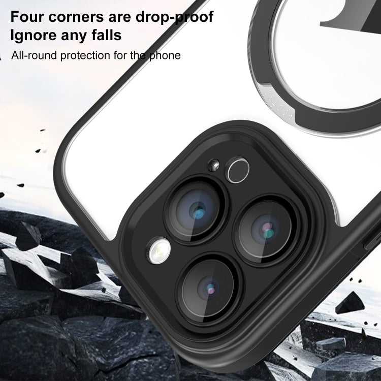 Funda Transparente con Soporte Magsafe para Lente Cobertura Total iPhone 14 (Negro y Dorado)