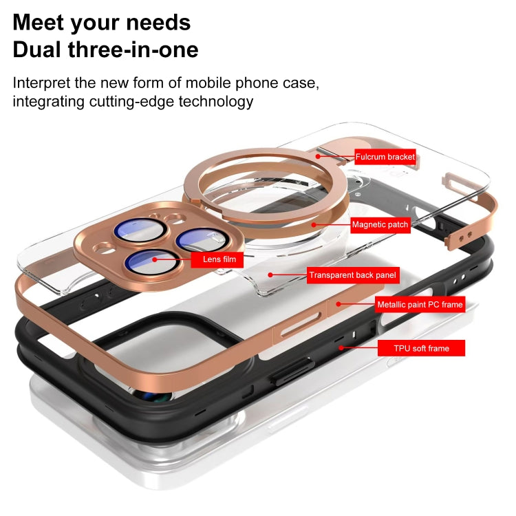 Funda Transparente con Soporte Magsafe para Lente Cobertura Total iPhone 14 (Negro y Dorado)