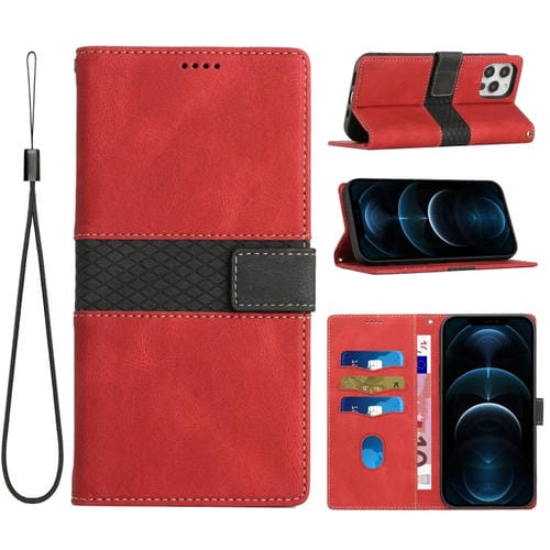 Funda de Cuero para iPhone 16 Pro con Costuras en Cuadrícula y Cordón (Rojo)