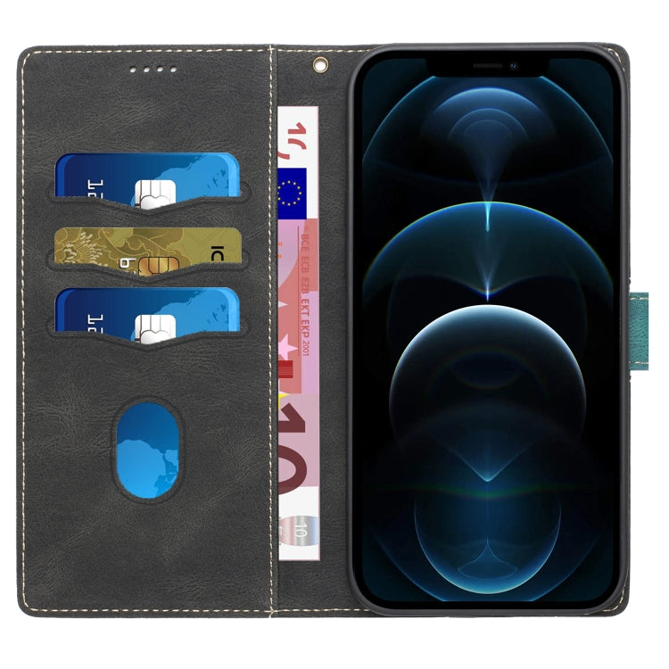 Funda de Cuero para iPhone 16 Pro con Costuras en Cuadrícula y Cordón (Negro)