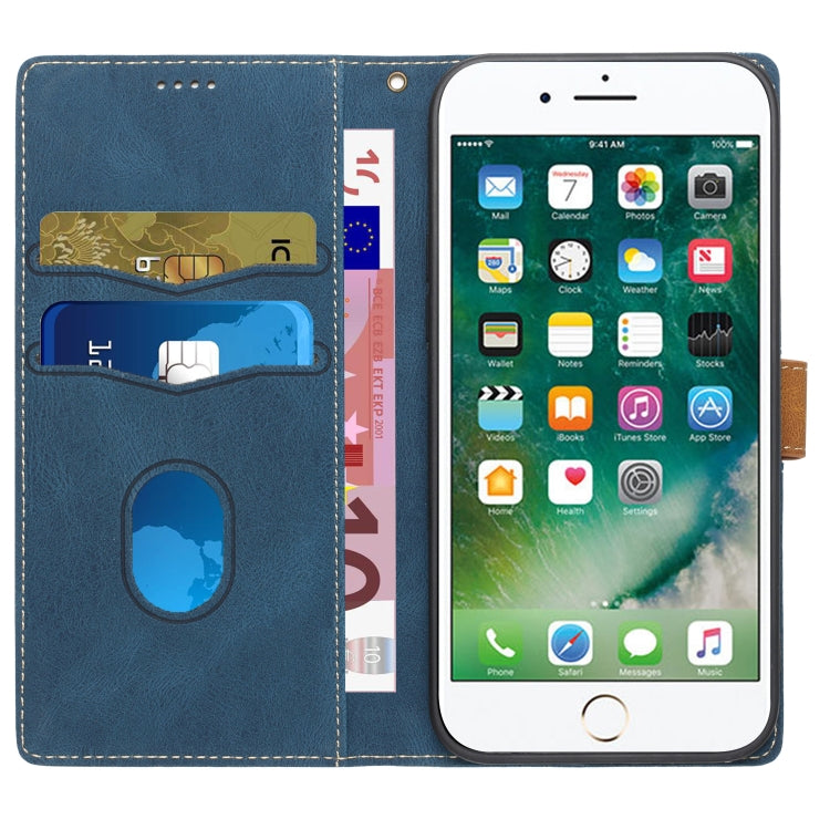 Funda de Cuero para iPhone 16E con Costuras en Cuadrícula y Cordón (Azul)