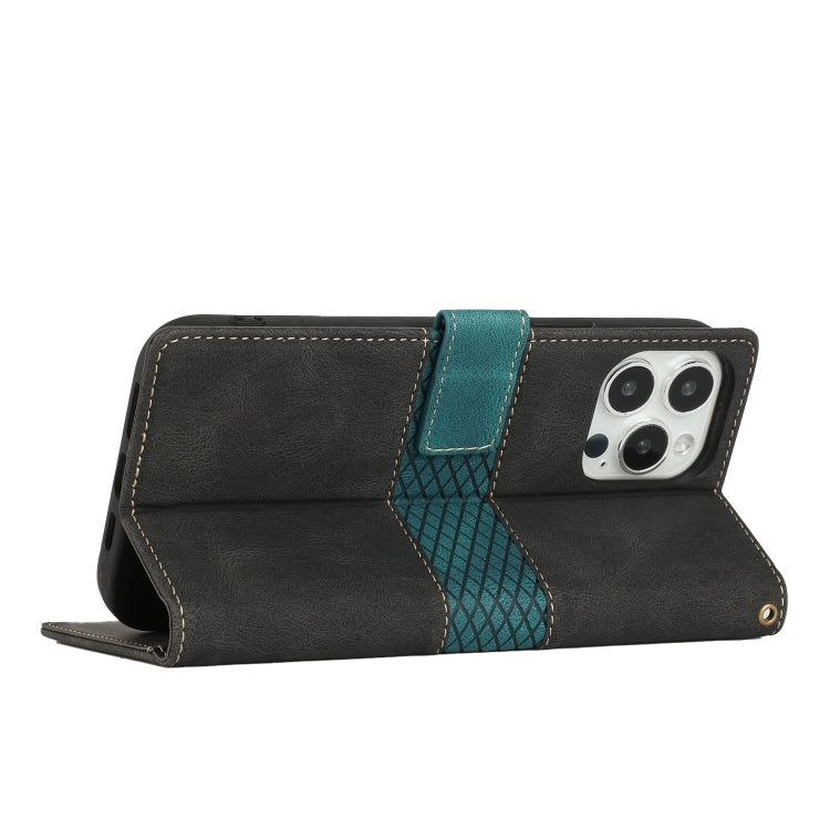 Funda de Cuero para iPhone 15 Pro Max con Costuras de Cuadrícula y Cordón (Negro)