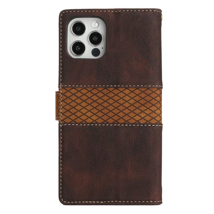 Funda de Cuero con Costuras en Cuadrícula para iPhone 15 Pro con Cordón (Marrón)
