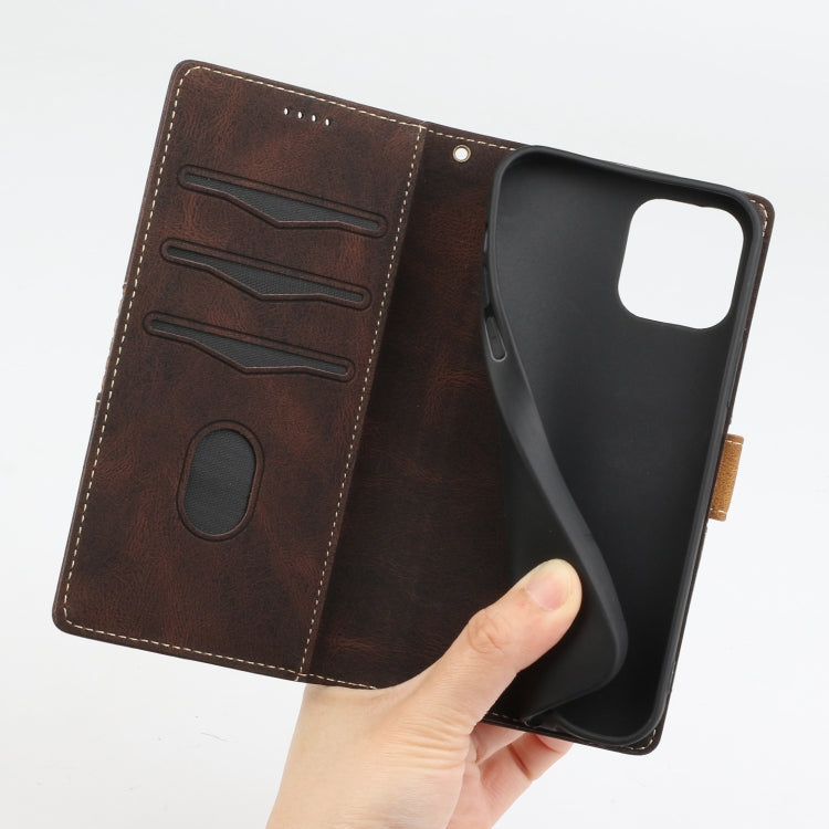 Funda de Cuero con Costuras en Cuadrícula para iPhone 15 Pro con Cordón (Marrón)