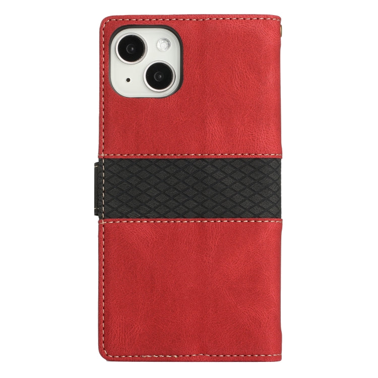 Funda de Cuero iPhone 14 Costuras de Cuadrícula con Cordón (Rojo)