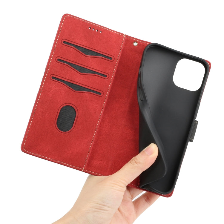 Funda de Cuero iPhone 14 Costuras de Cuadrícula con Cordón (Rojo)