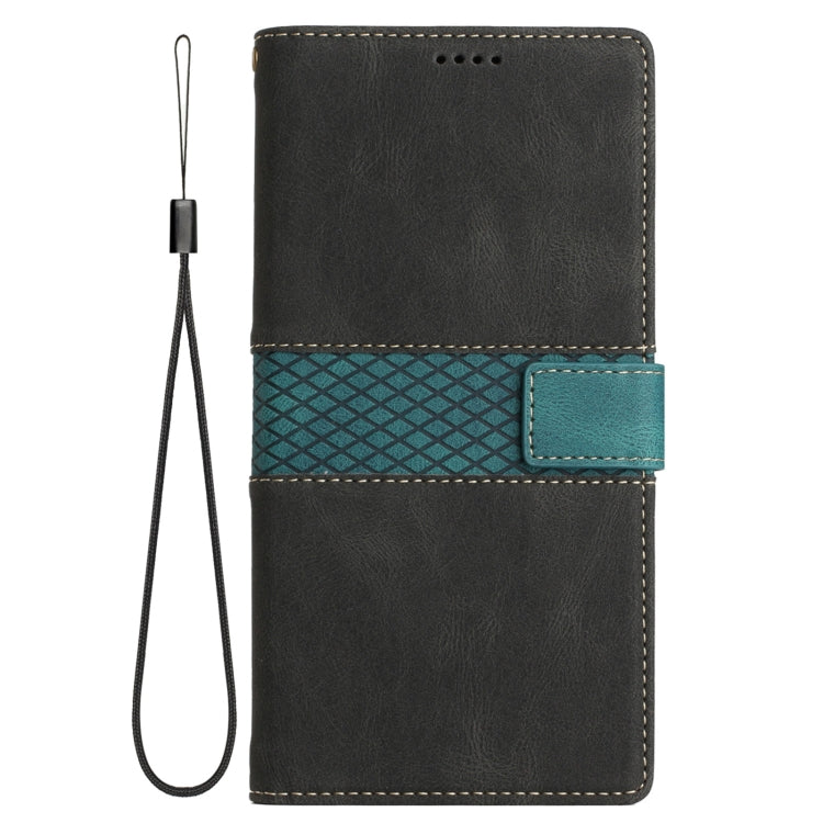 Funda de Cuero para iPhone 14 con Costuras de Cuadrícula y Cordón (Negro)