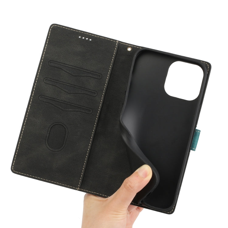 Funda Cuero iPhone 14 Pro Costuras Cuadrícula con Cordón (Negro)