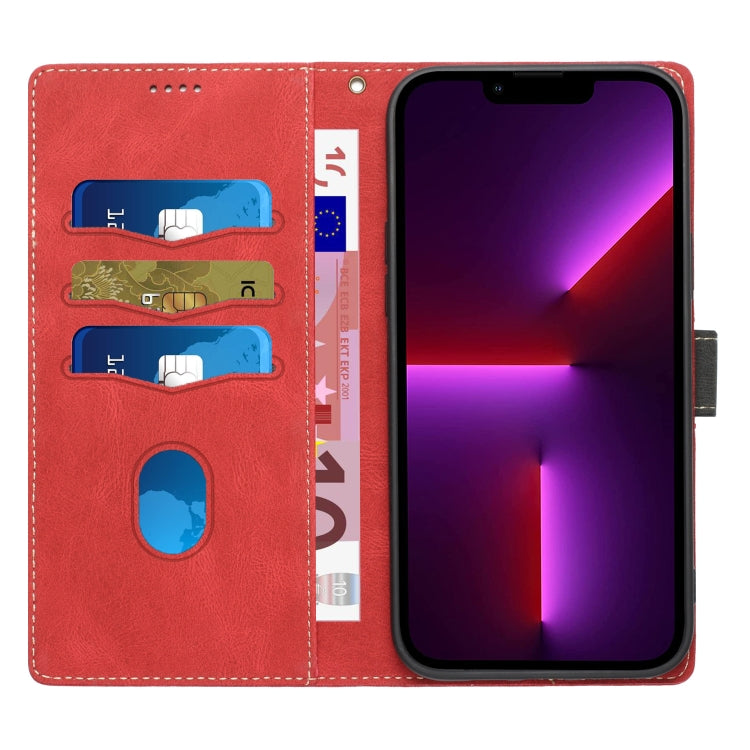 Funda de Cuero para iPhone 13 Pro con Costuras en Cuadrícula y Cordón (Rojo)