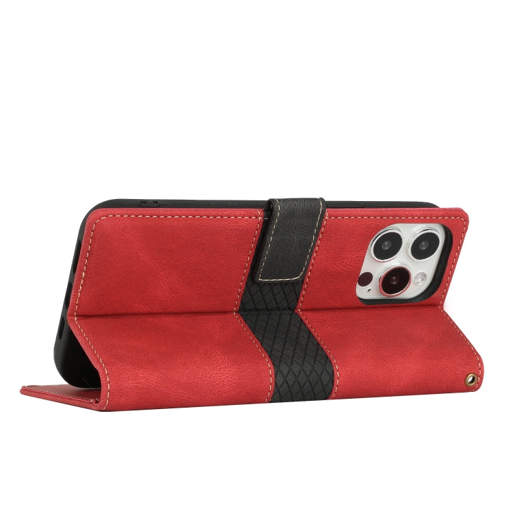 Funda de Cuero para iPhone 13 Pro con Costuras en Cuadrícula y Cordón (Rojo)