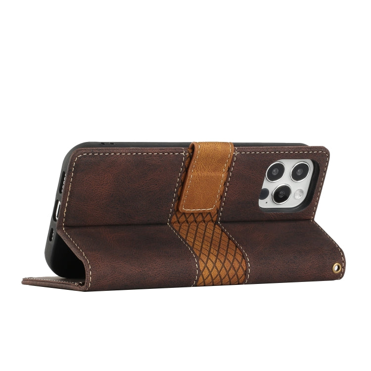Funda de Cuero iPhone 12 Pro Max Costuras de Cuadrícula con Cordón (Marrón)