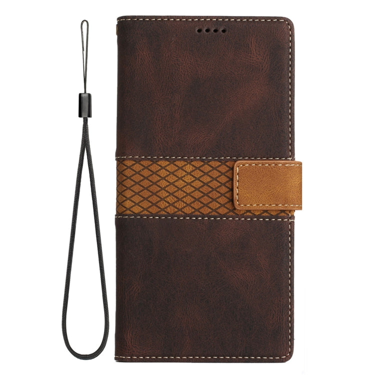 Funda de Cuero para iPhone 11 con Costuras en Cuadrícula y Cordón (Marrón)