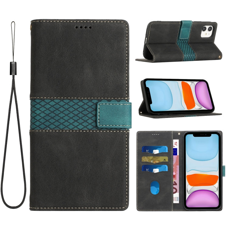 Funda de Cuero para iPhone 11 con Costuras en Cuadrícula y Cordón (Negro)