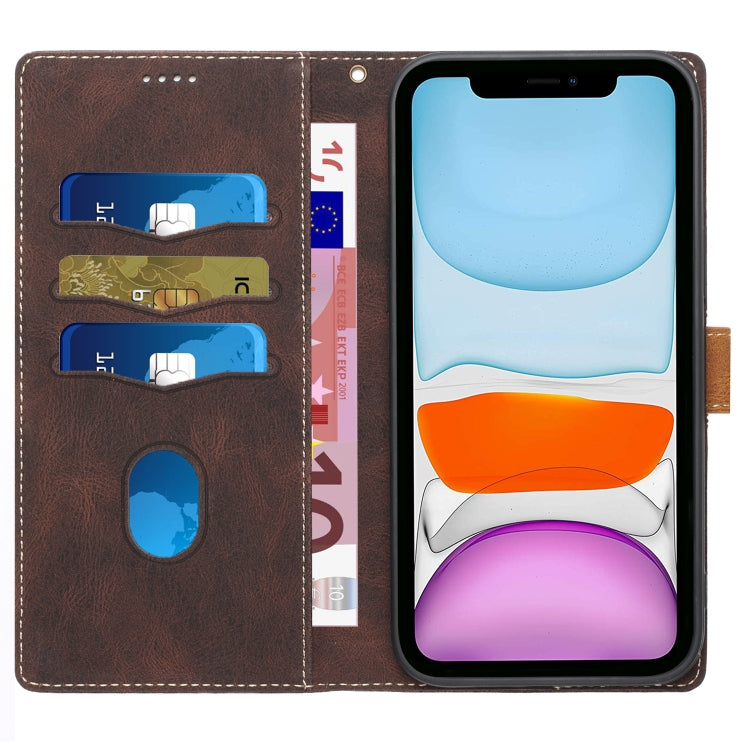 Funda de Cuero para iPhone 11 Pro con Costuras en Cuadrícula y Cordón (Marrón)