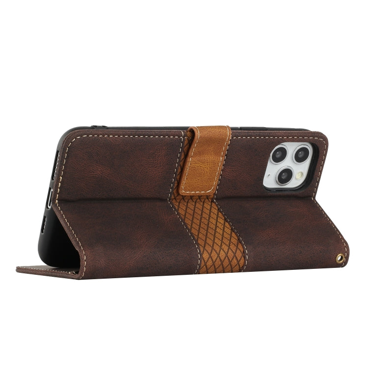 Funda de Cuero para iPhone 11 Pro con Costuras en Cuadrícula y Cordón (Marrón)