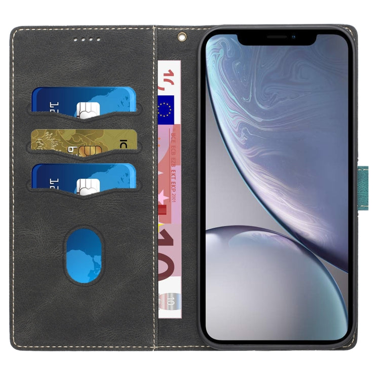 Funda de Cuero para iPhone Xr con Costuras En Cuadrícula y Cordón (Negro)