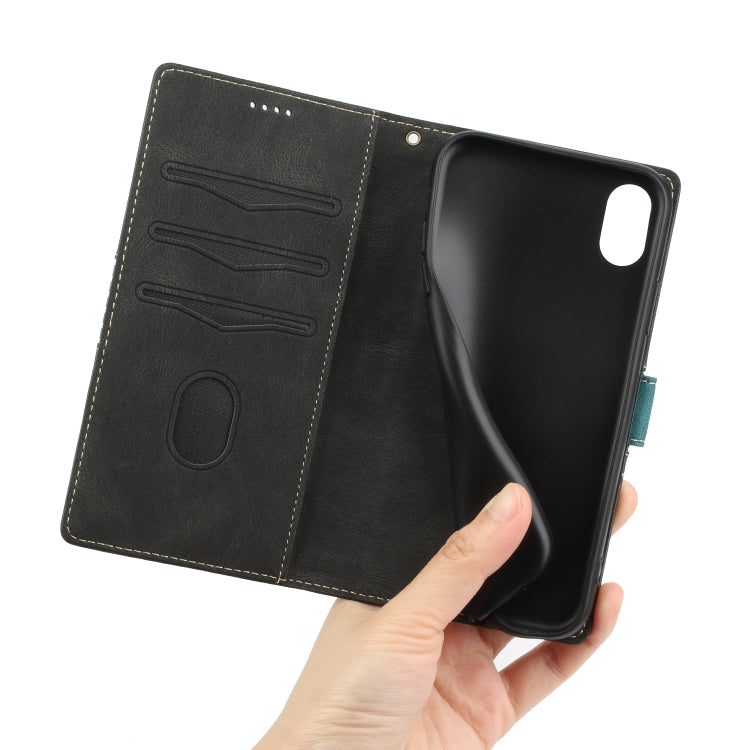 Funda de Cuero para iPhone Xr con Costuras En Cuadrícula y Cordón (Negro)