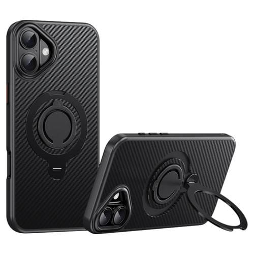 Funda de Teléfono Magsafe Fibra de Carbono para iPhone 16 Plus con Soporte Giratorio 360 (Negro)