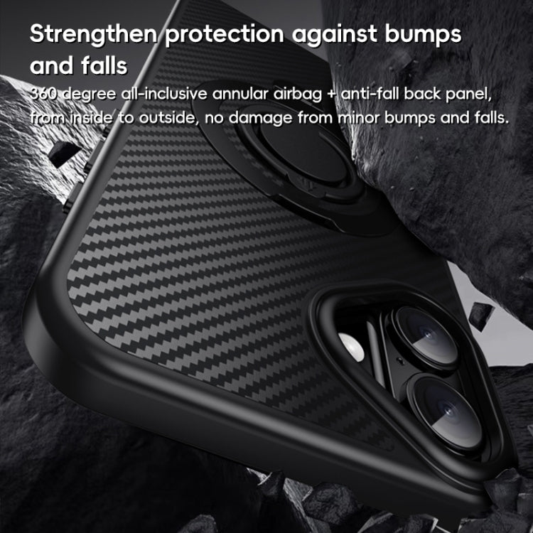 Funda de Teléfono Magsafe Fibra de Carbono para iPhone 16 Plus con Soporte Giratorio 360 (Negro)