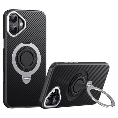 Funda de Teléfono Magsafe Fibra de Carbono iPhone 16 Plus Soporte Giratorio 360 (Negro y Plateado)