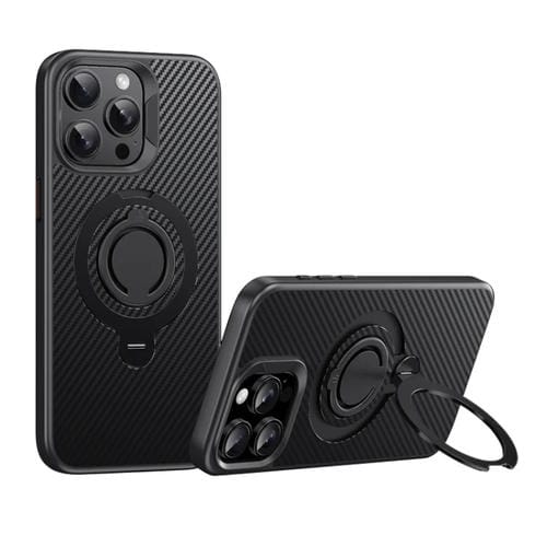 Funda de Teléfono Magsafe Fibra de Carbono para iPhone 15 Pro con Soporte Giratorio 360 (Negro)