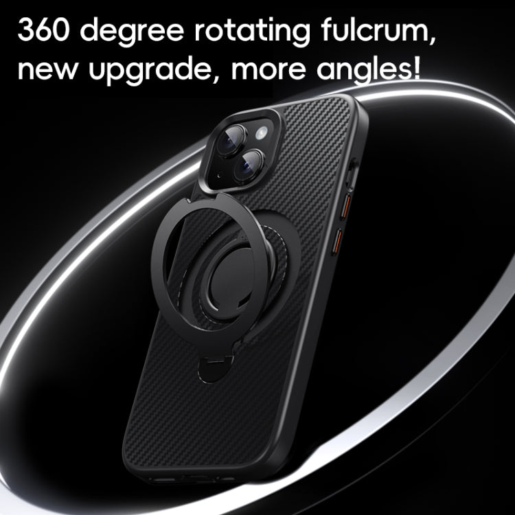 Funda de Teléfono Magsafe Fibra de Carbono para iPhone 15 Plus y 14 Plus con Soporte Giratorio 360 (Negro y Plateado)