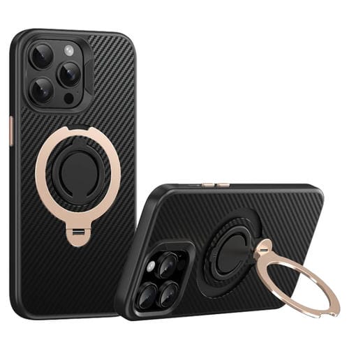 Funda de Teléfono Magsafe Fibra de Carbono para iPhone 13 Pro Max con Soporte Giratorio 360 (Oro Negro)
