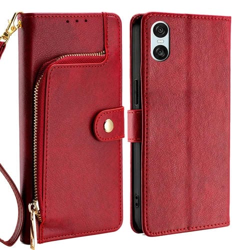 Funda de Cuero con Cremallera para Teléfono Sony Xperia 10 Vi (Rojo)