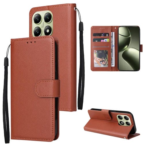 Funda de Cuero Multifuncional para Teléfono Xiaomi 14T Pro con 3 Ranuras para Tarjetas (Marrón)