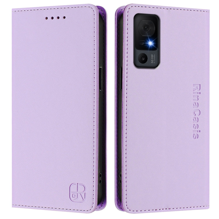 Funda de Cuero con Doble Pliegue y Succión Magnética RFID para TCL 40 XL/40T/T608DL RC01 (Morado Claro)