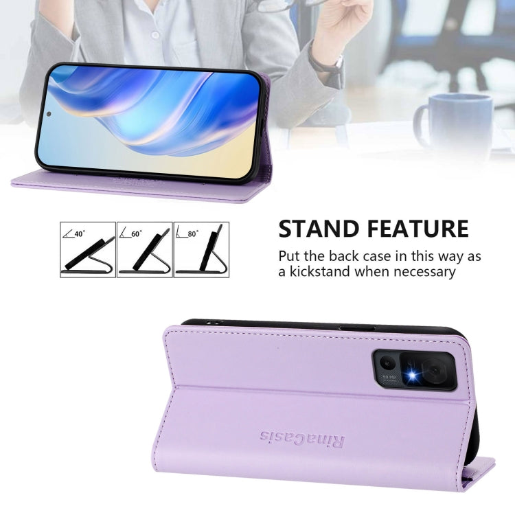 Funda de Cuero con Doble Pliegue y Succión Magnética RFID para TCL 40 XL/40T/T608DL RC01 (Morado Claro)