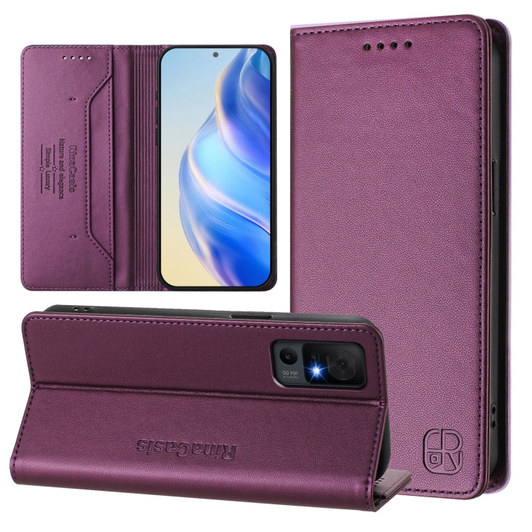 Funda de Cuero para TCL 40 Xl 40T T608Dl Rc01 con Doble Pliegue y Succión Magnética Rfid (Violeta)