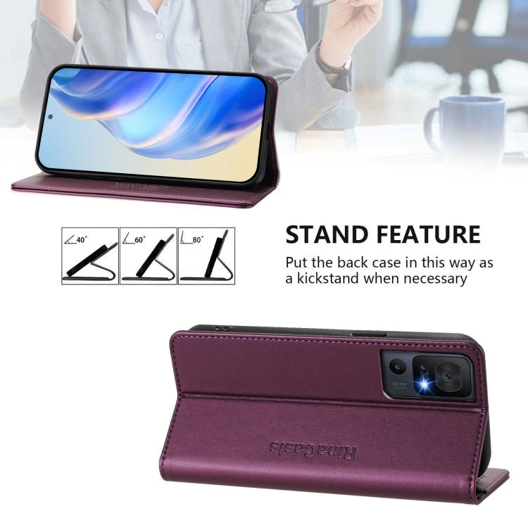 Funda de Cuero con Doble Pliegue y Succión Magnética RFID para TCL 40 SE RC01 (Violeta)