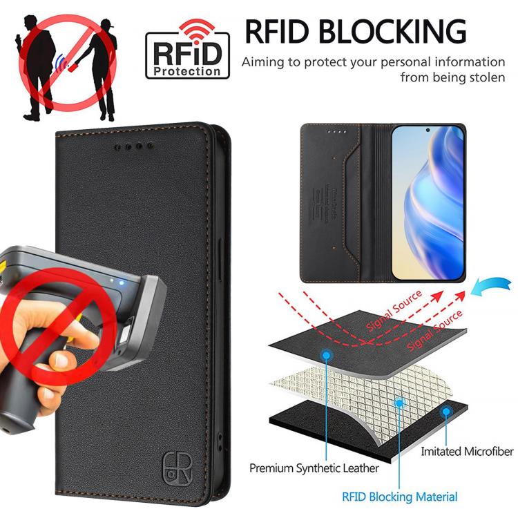 Funda de cuero con doble pliegue y succión magnética RFID para TCL 605/60 SE RC01 (negra)