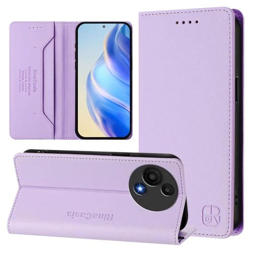 Funda de cuero con doble pliegue y succión magnética RFID para TCL 605/60 SE RC01 (morado claro)