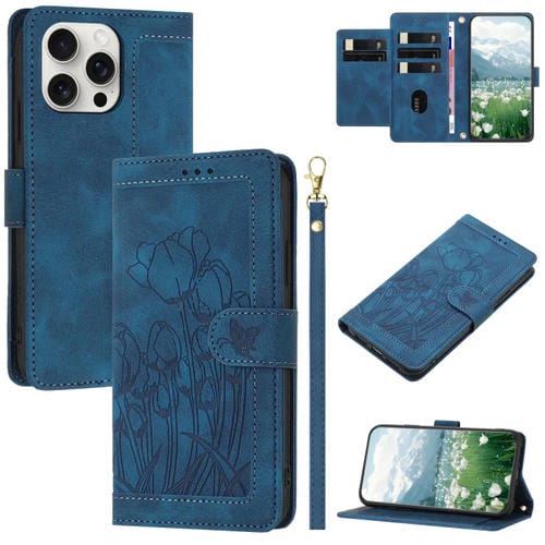 Funda de Piel para iPhone 13 Pro Max con Relieve de Tulipanes y Cordón (Azul)
