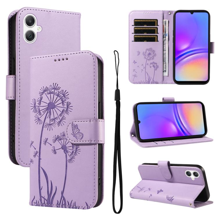 Funda de cuero con tapa y estampado de diente de león para Samsung Galaxy A07 5G (morado)