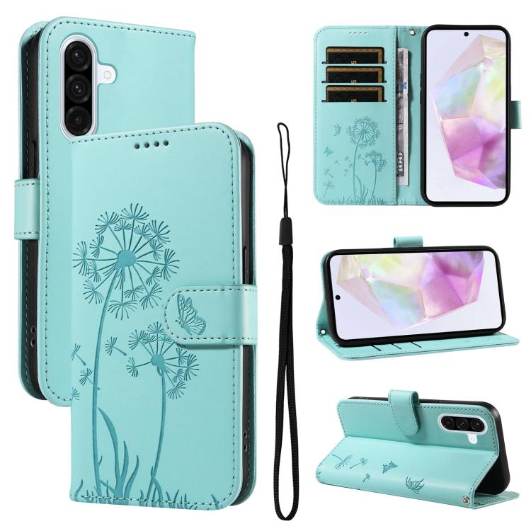 Funda de cuero con tapa y estampado de diente de león en relieve para Samsung Galaxy A36 5G (verde)