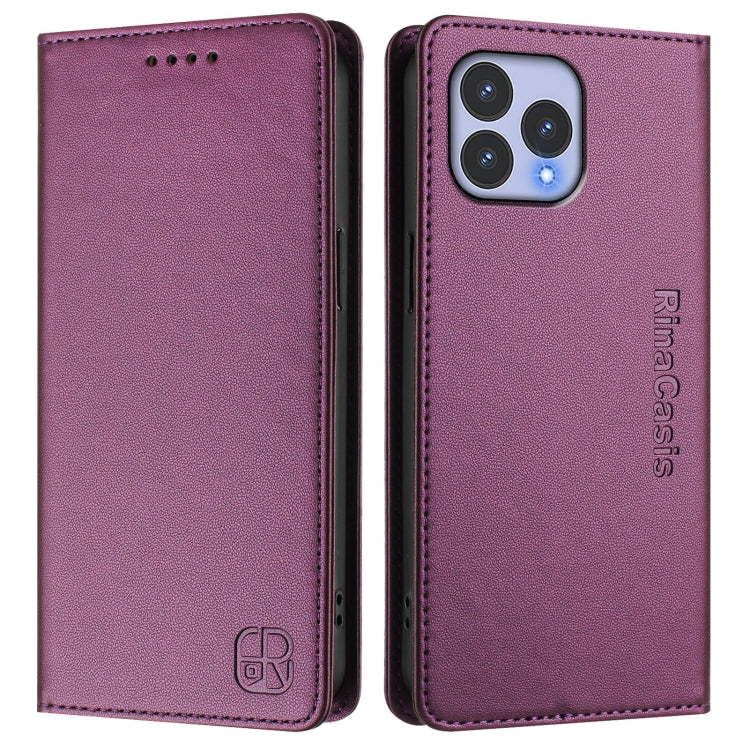 Funda de Cuero Rfid para Teléfono Wiko T60 y Cubot P80 Rc01 con Doble Pliegue y Succión Magnética (Violeta)