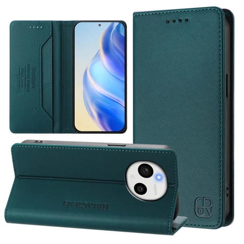 Funda de Cuero RFID para Sharp Aquos Sense9 Rc01 con Doble Pliegue y Succión Magnética (Verde Oscuro)