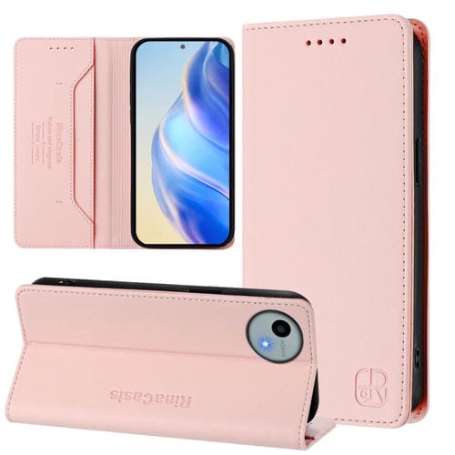 Funda de Cuero para Sharp Aquos Wish4 Sh-52E Rc01 con Doble Pliegue y Succión Magnética Rfid (Rosa)