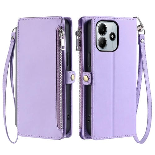 Funda para Teléfono con Cremallera y Ranura para Varias Tarjetas con Costuras de Cuero para Xiaomi Redmi Note 14 5G (Morado)