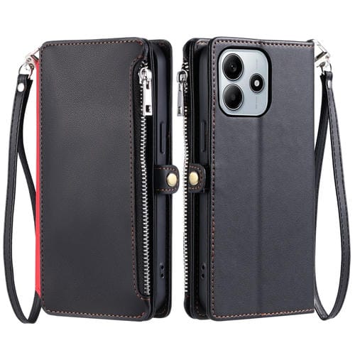 Funda para Teléfono con Cremallera y Ranura para Varias Tarjetas con Costuras de Cuero para Xiaomi Redmi Note 14 5G (Negro)